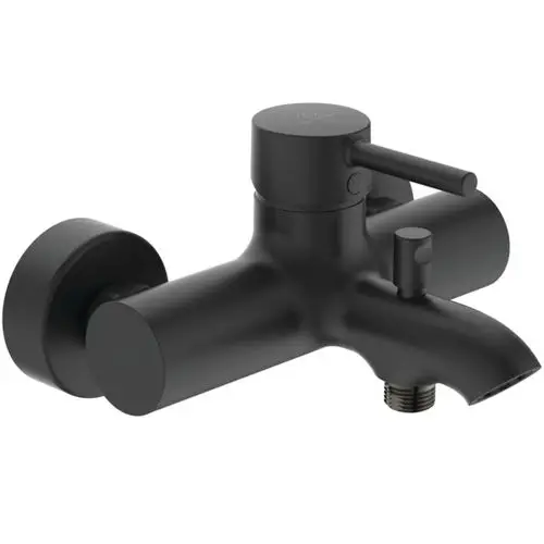 Schwarze Badarmatur von Ideal Standard mit einem runden Kopf und einem seitlichen Hebel, ausgestattet mit einem Wasserabfluss und einer Montagefläche.